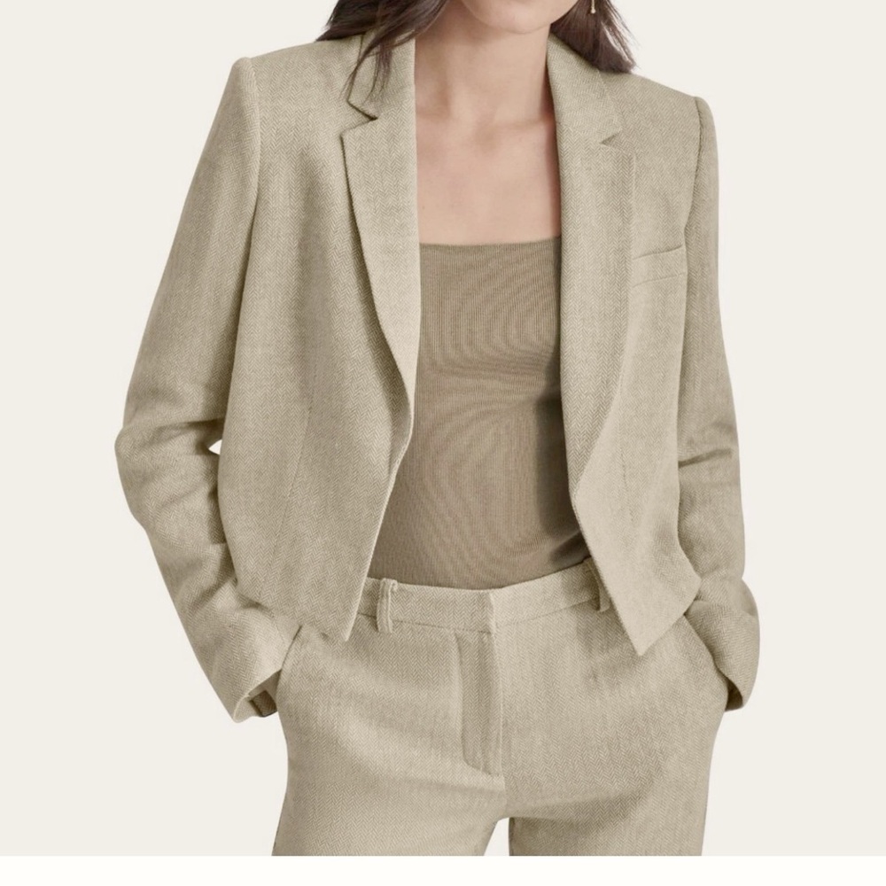 DKNY Women Herringbone Open-Front Cropped Linen Blazer Suit Jacket Size 6